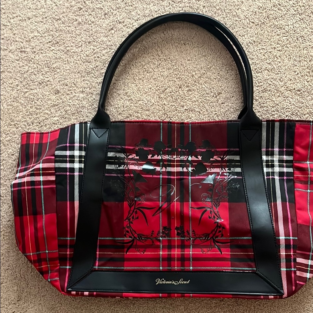 Victoria's Secret Red and Black Tartan Tote Bag